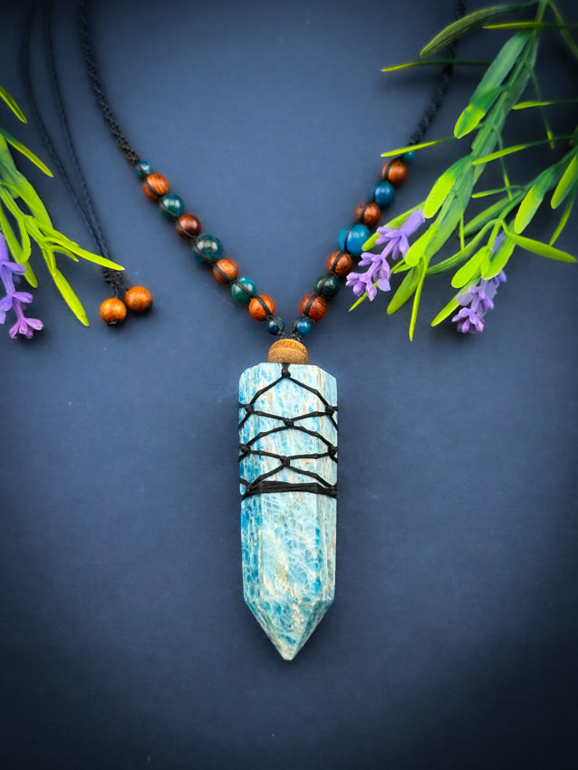 Apatite Crystal Point - Wooden Beads