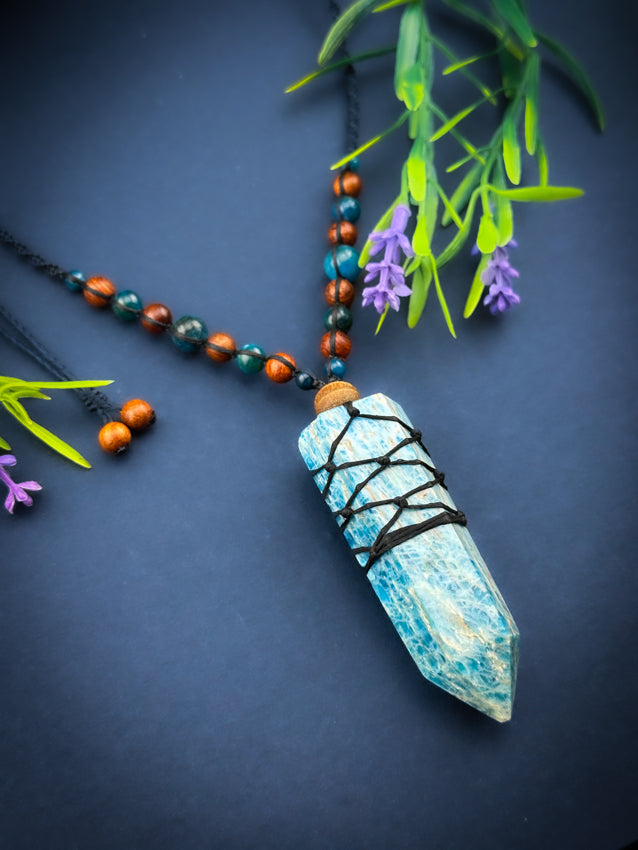 Apatite Crystal Point - Wooden Beads