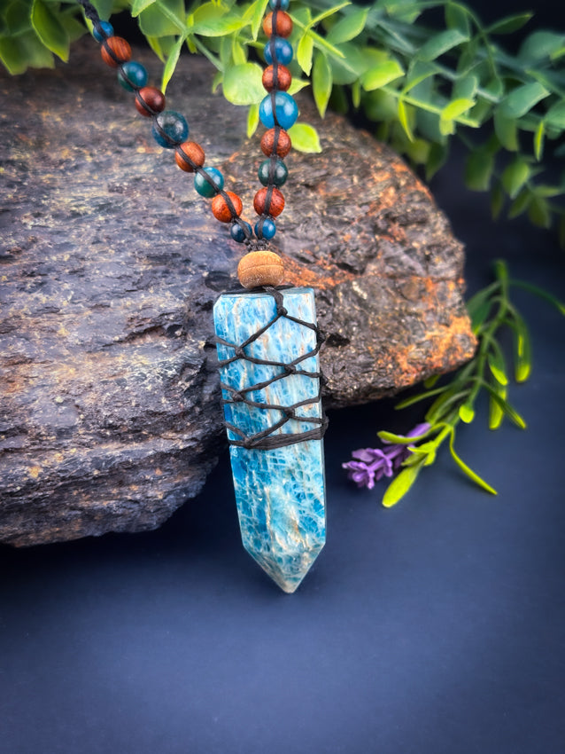 Apatite Crystal Point - Wooden Beads