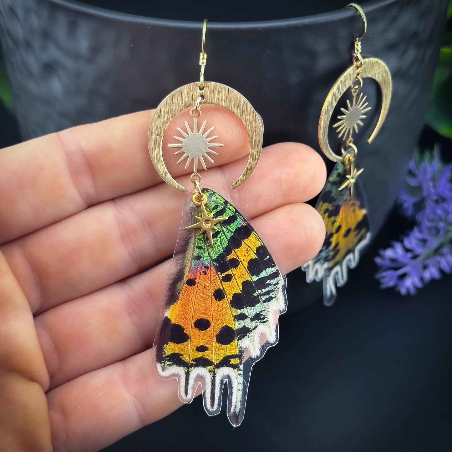 Sunset Butterfly/Moth Earrings Moon, Sun & Star - Gold