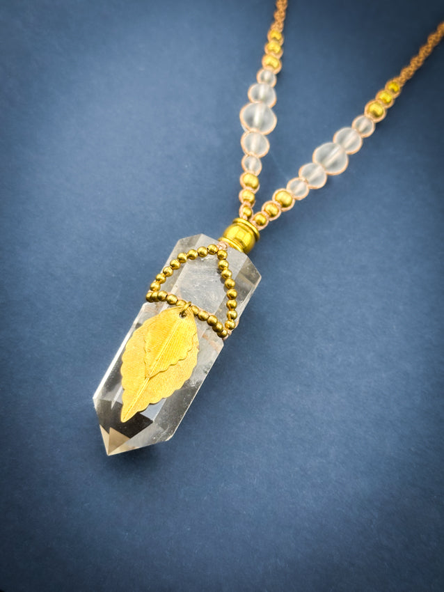 Clear Quartz Point Crystal - Brass Leaves