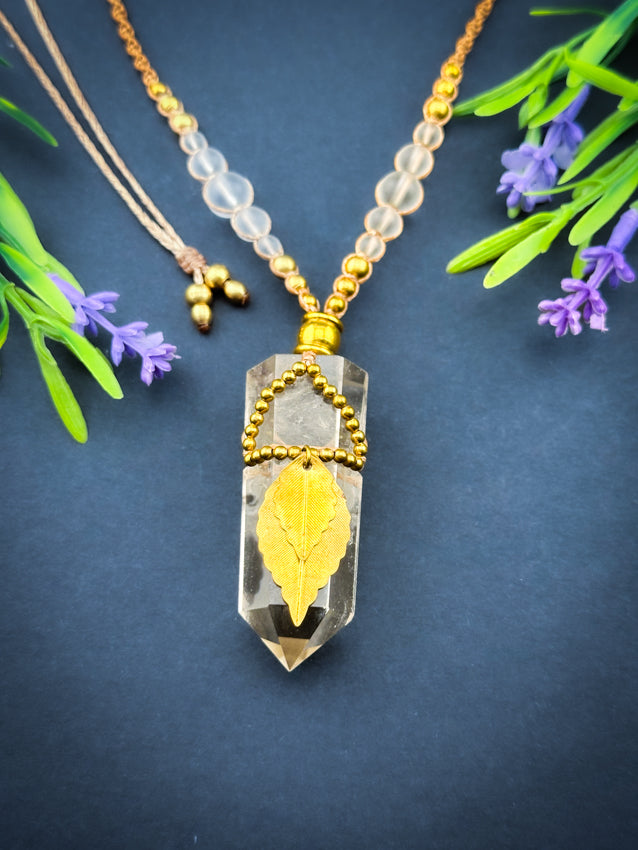 Clear Quartz Point Crystal - Brass Leaves
