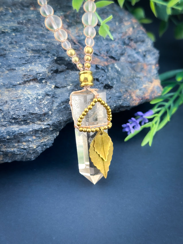 Clear Quartz Point Crystal - Brass Leaves