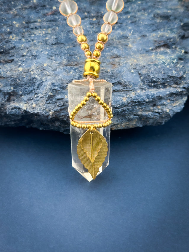 Clear Quartz Point Crystal - Brass Leaves
