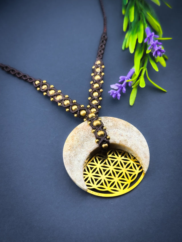 Coral Fossil Crescent Moon Flower of Life