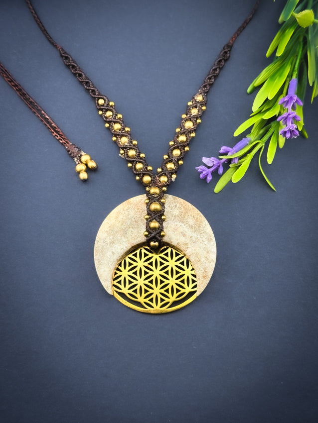 Coral Fossil Crescent Moon Flower of Life