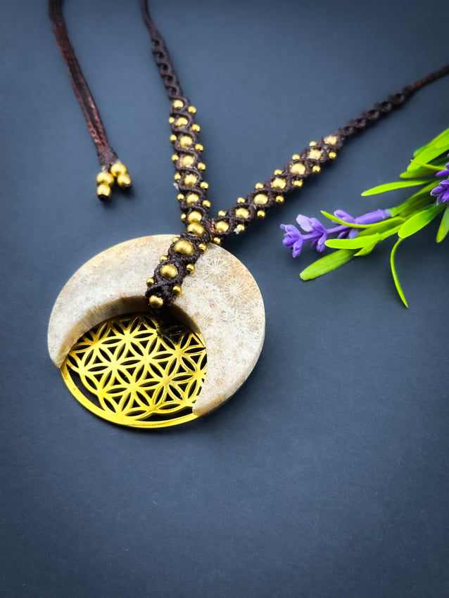 Coral Fossil Crescent Moon Flower of Life