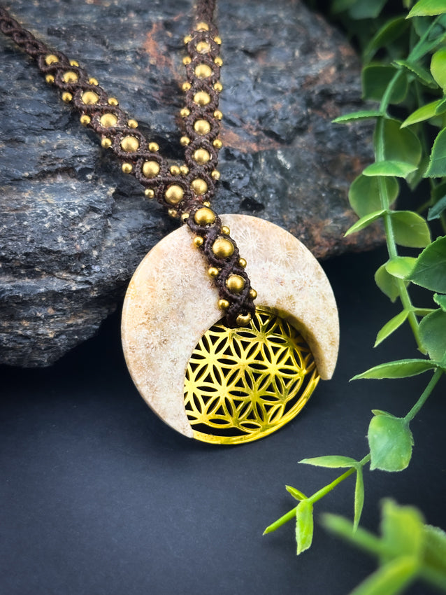 Coral Fossil Crescent Moon Flower of Life