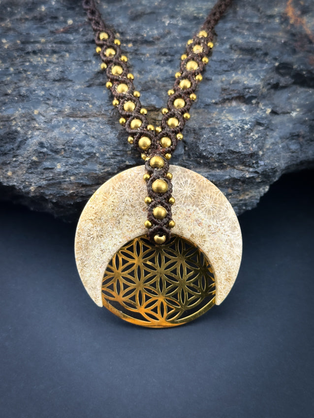 Coral Fossil Crescent Moon Flower of Life