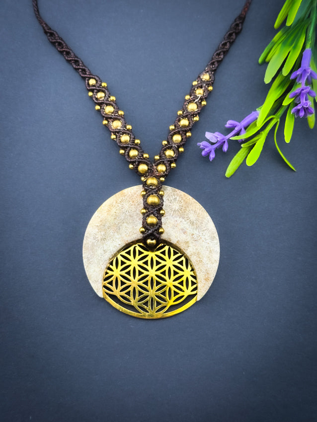 Coral Fossil Crescent Moon Flower of Life