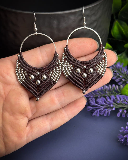 Macrame Earrings silver - Aubergine Brown