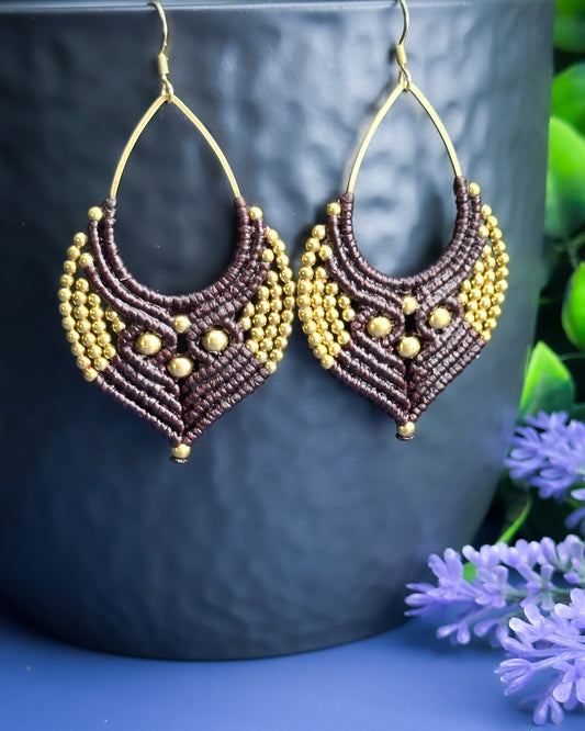 Macrame Earrings Golden - Aubergine Brown