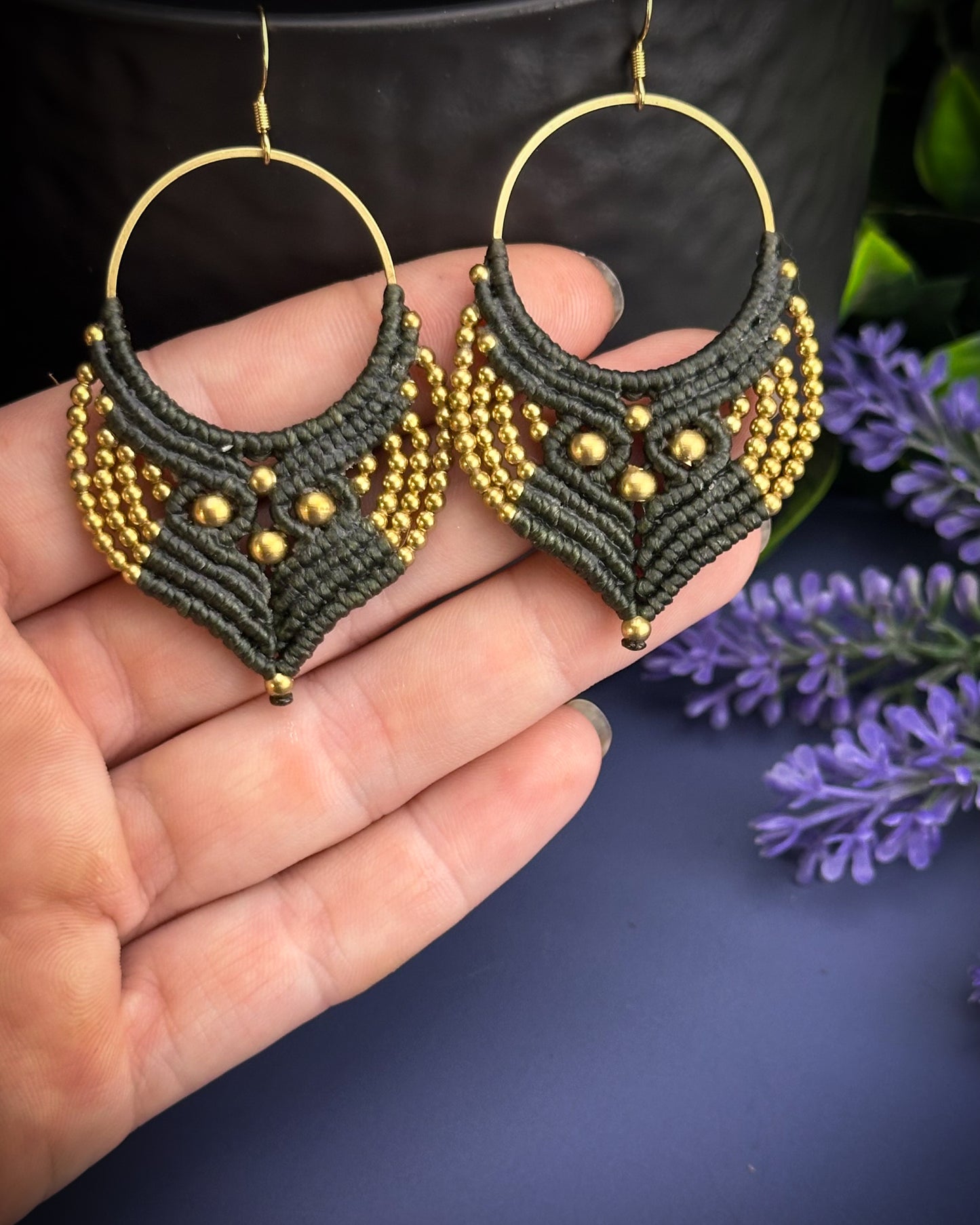 Macrame Earrings Golden - Dark Moss Green