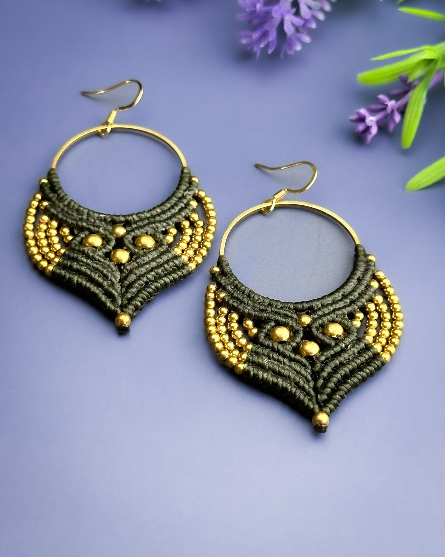 Macrame Earrings Golden - Dark Moss Green