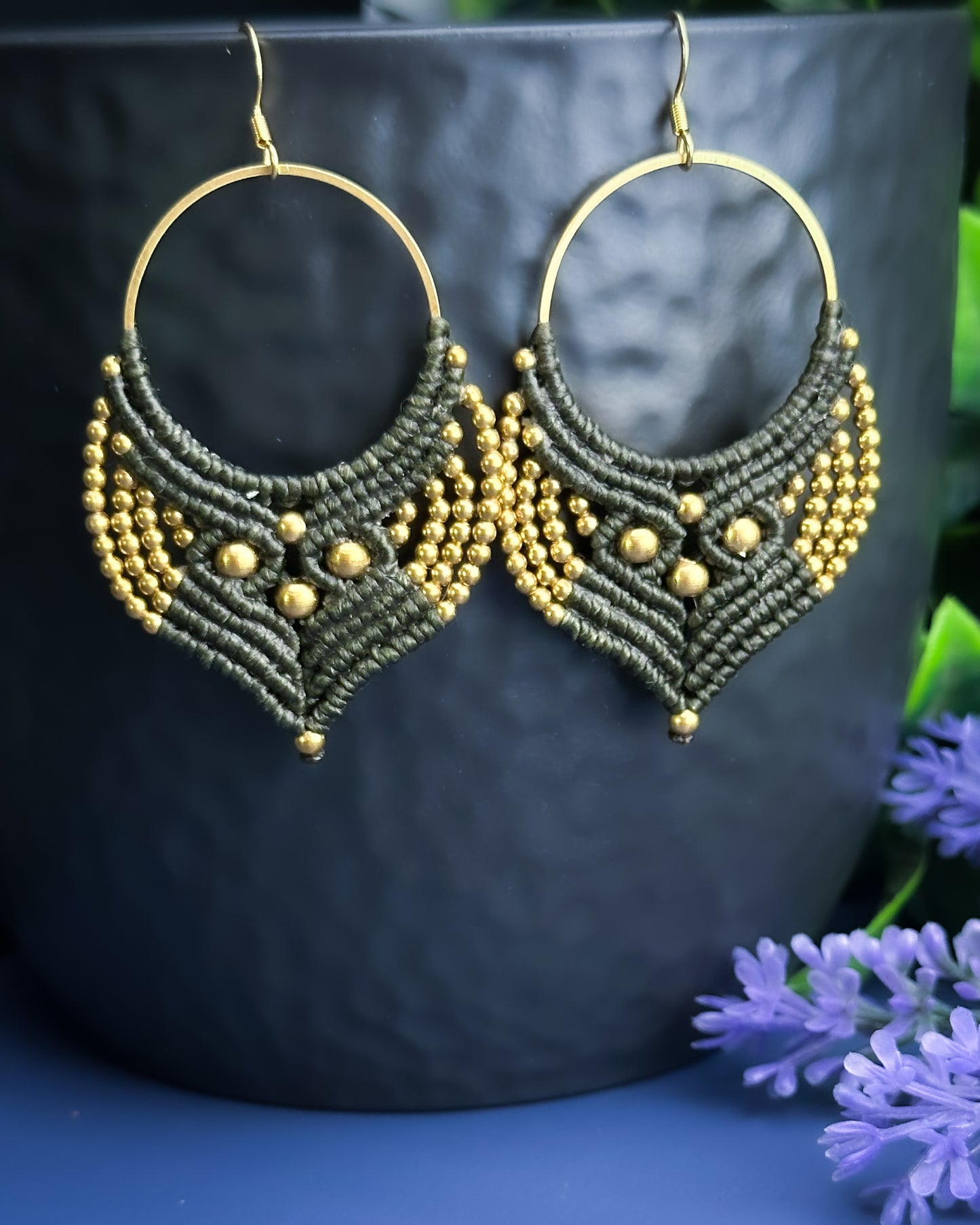 Macrame Earrings Golden - Dark Moss Green