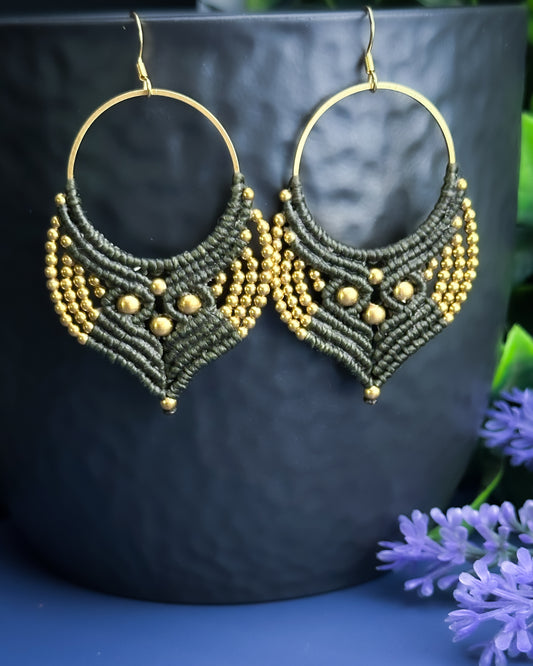 Macrame Earrings Golden -  Dark Moss Green