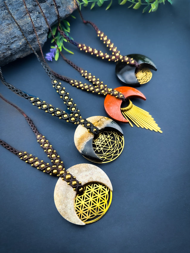 Coral Fossil Crescent Moon Flower of Life