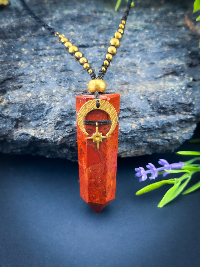Red Jasper Point with moon & star, Adjustable Crystal Macramé Necklace