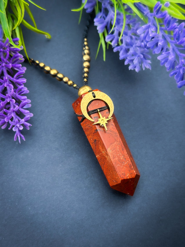 Red Jasper Point with moon & star, Adjustable Crystal Macramé Necklace