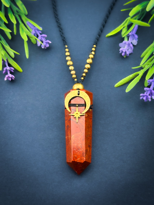 Red Jasper Point with moon & star, Adjustable Crystal Macramé Necklace