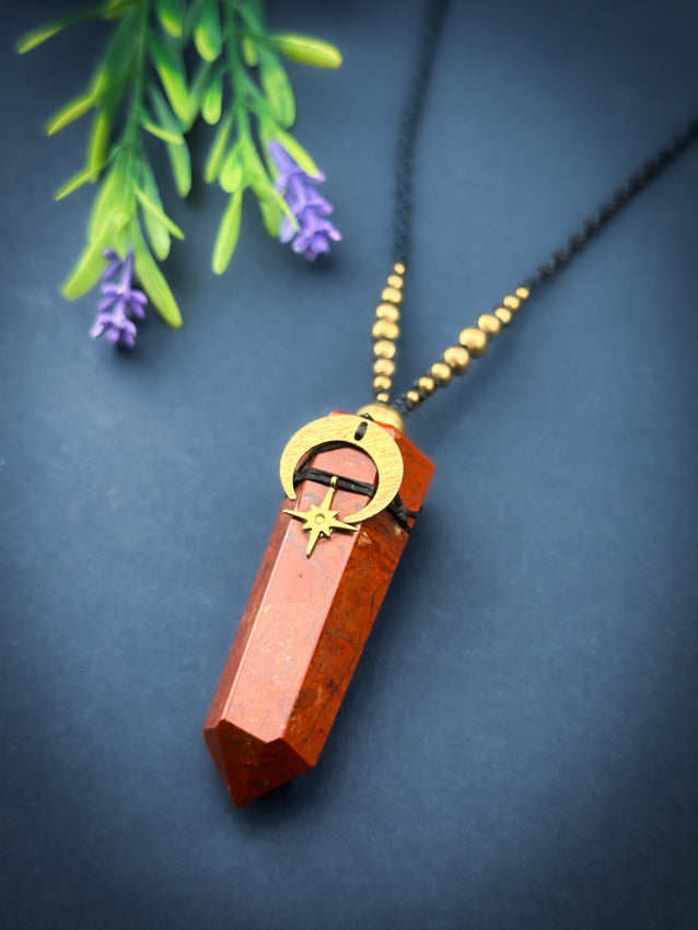 Red Jasper Point with moon & star, Adjustable Crystal Macramé Necklace