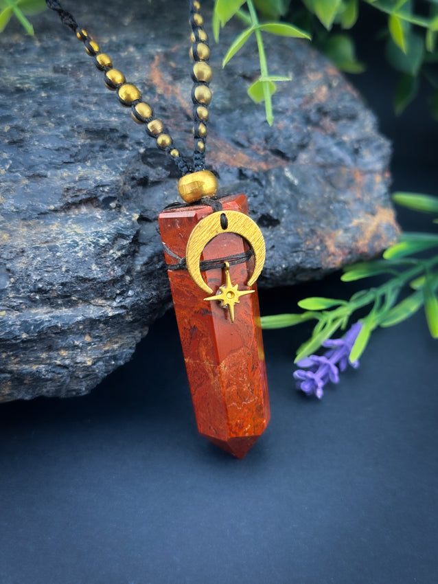Red Jasper Point with moon & star, Adjustable Crystal Macramé Necklace