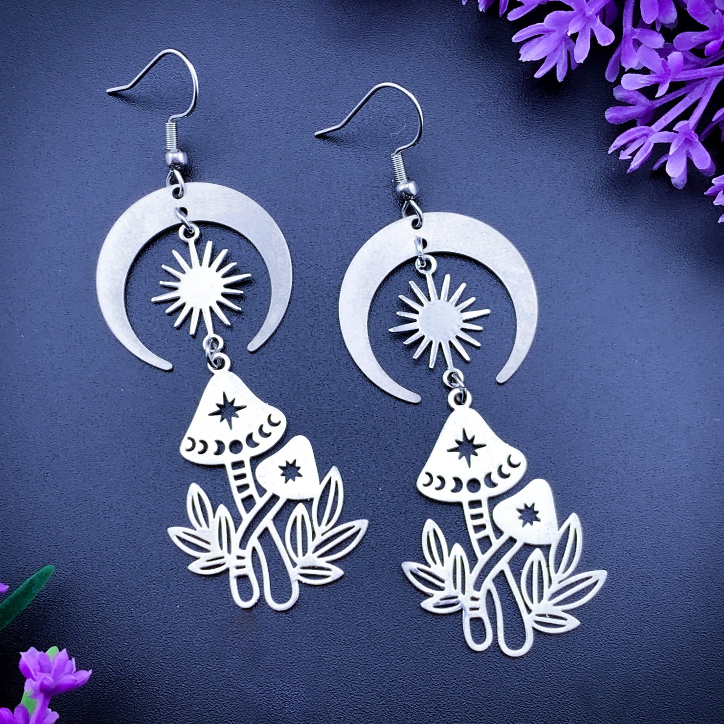 Silver Mushroom Moon Earrings