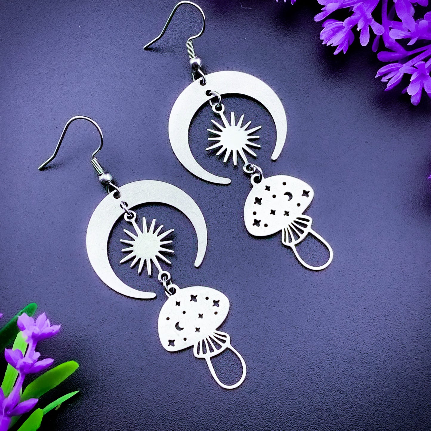 Button Mushroom Moon Earrings - Silver