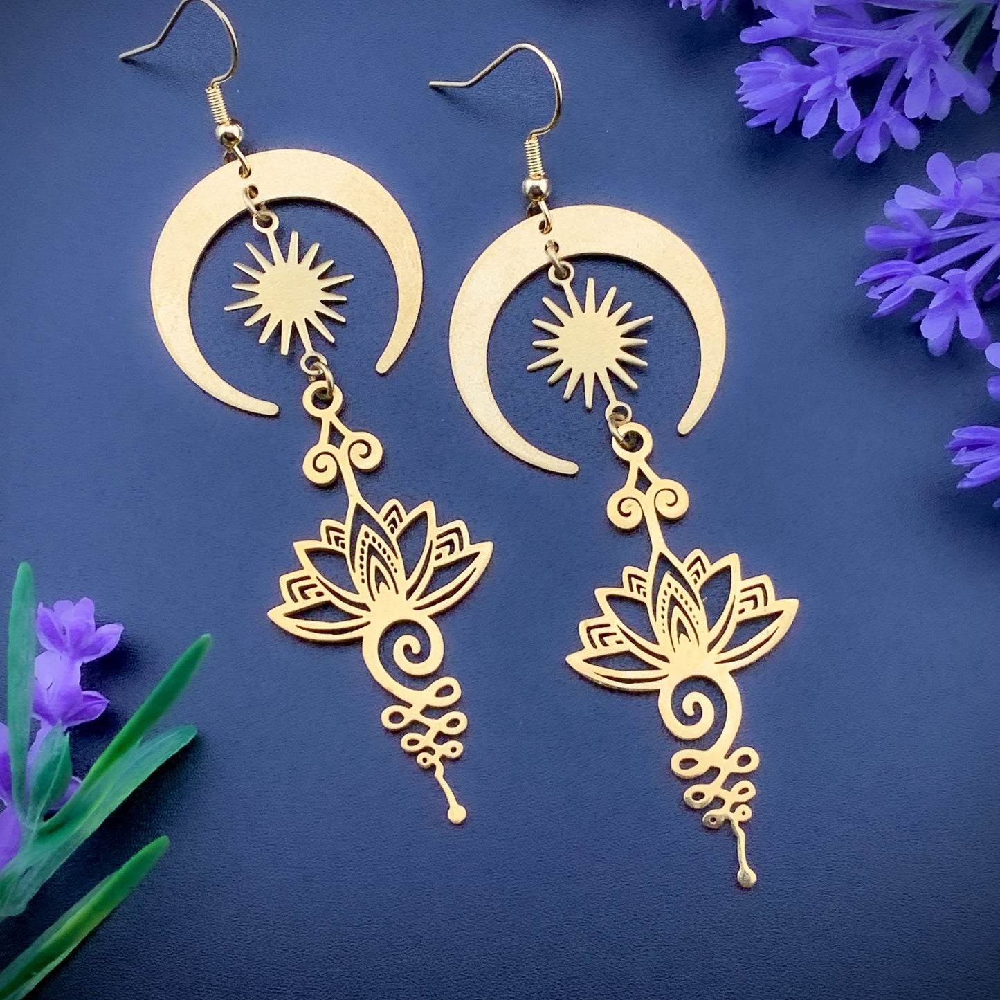 Lotus with Moon & Sun Earrings