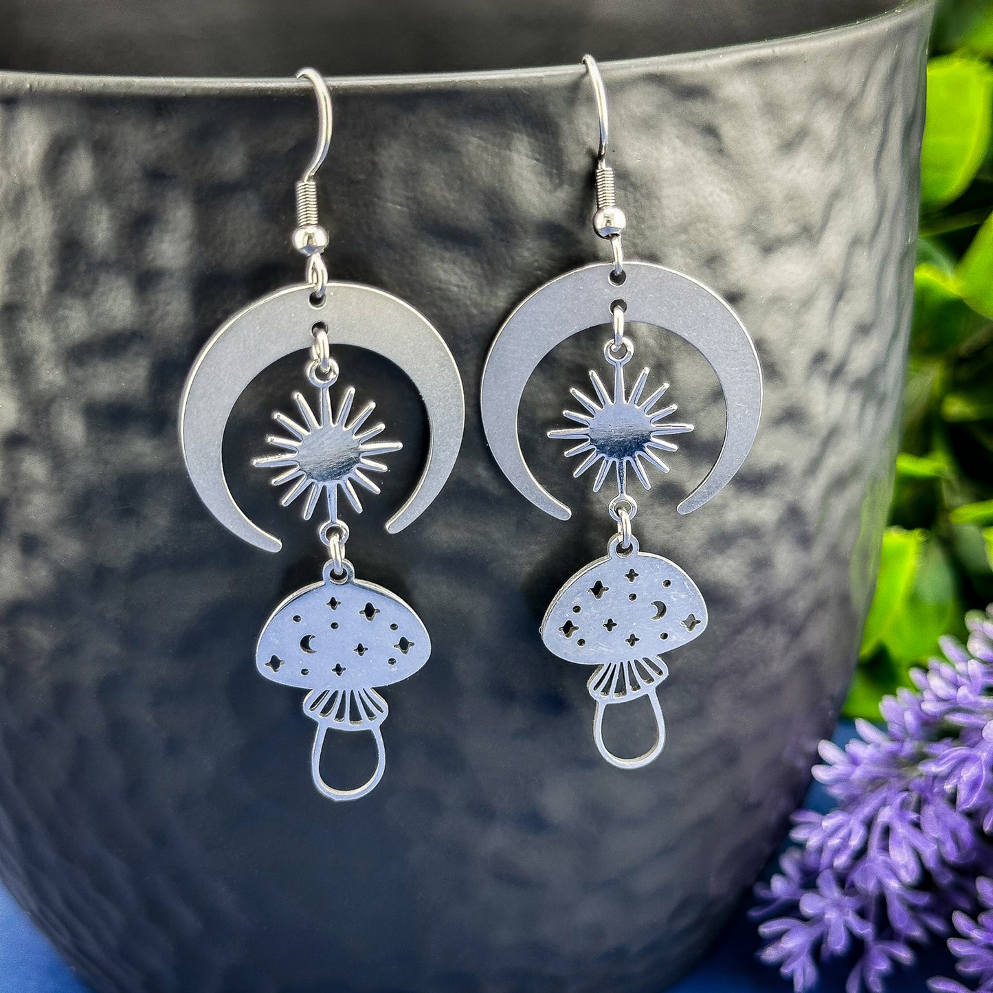 Button Mushroom Moon Earrings - Silver