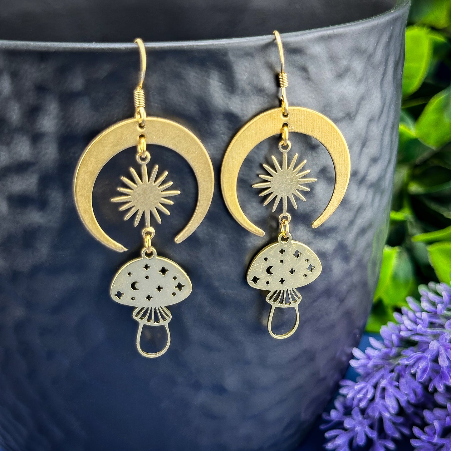 Golden Button Mushroom Moon Earrings