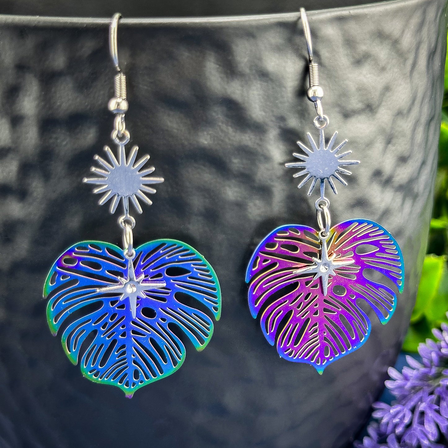 Colourful Monstera Leaf Earrings - Silver