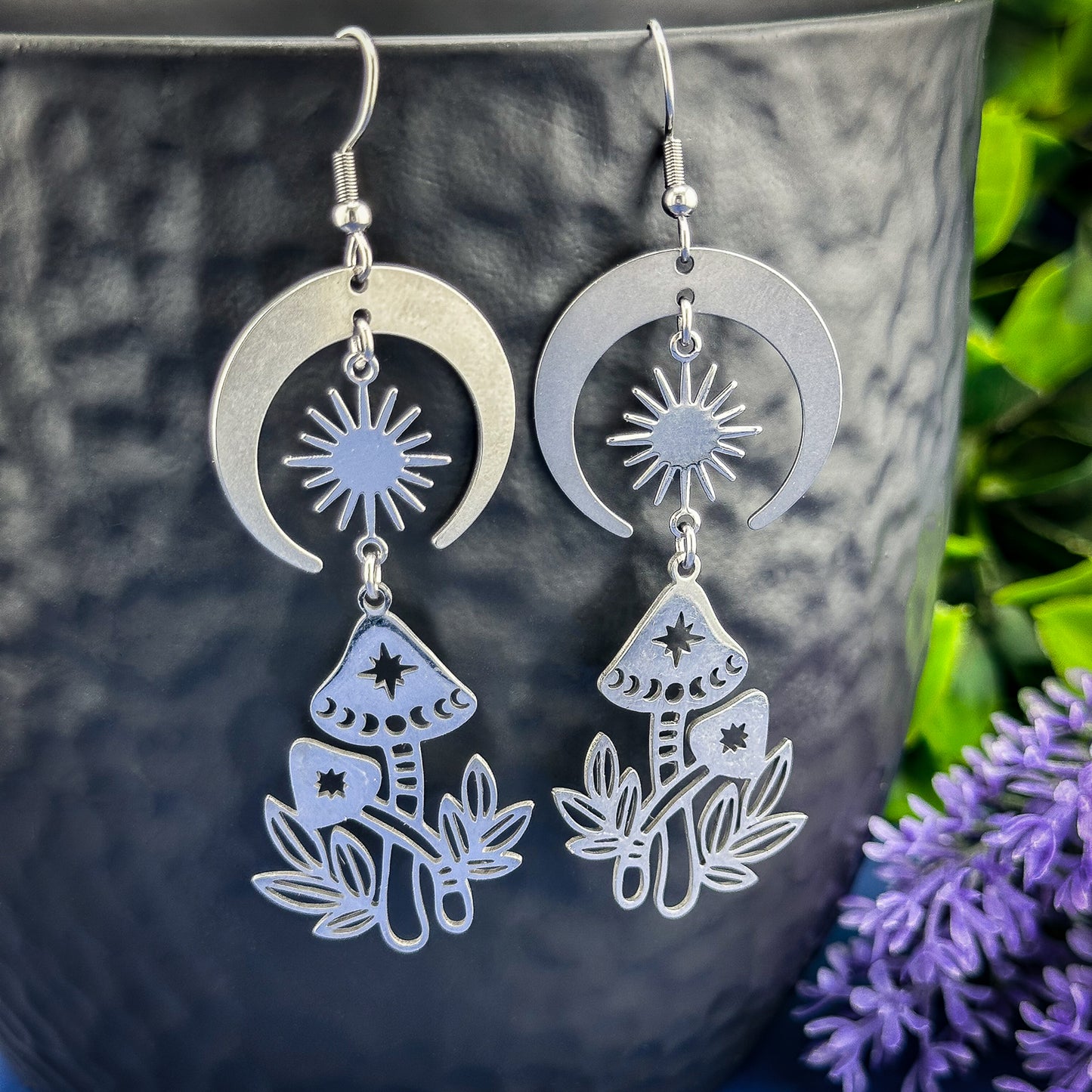 Silver Mushroom Moon Earrings