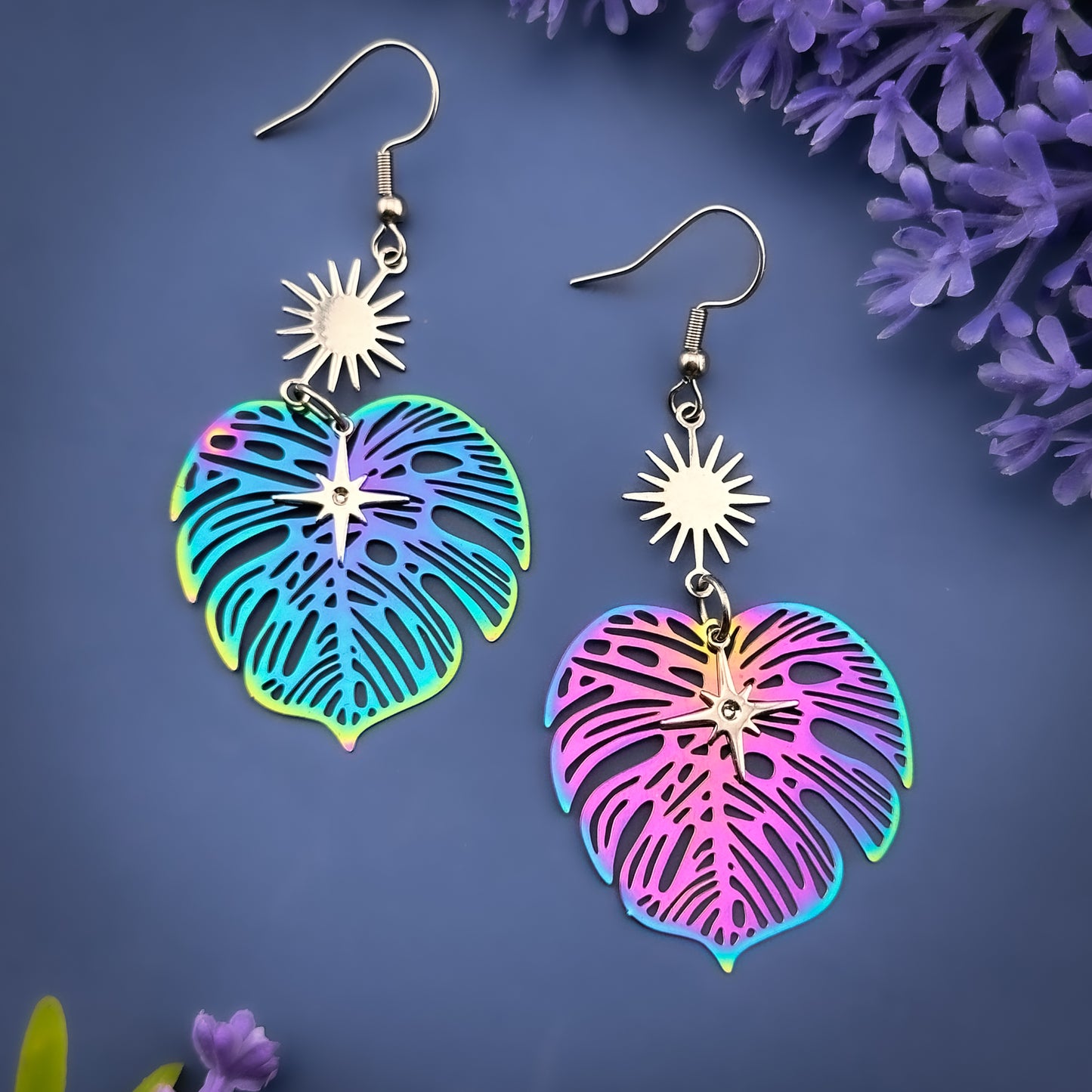 Colourful Monstera Leaf Earrings - Silver