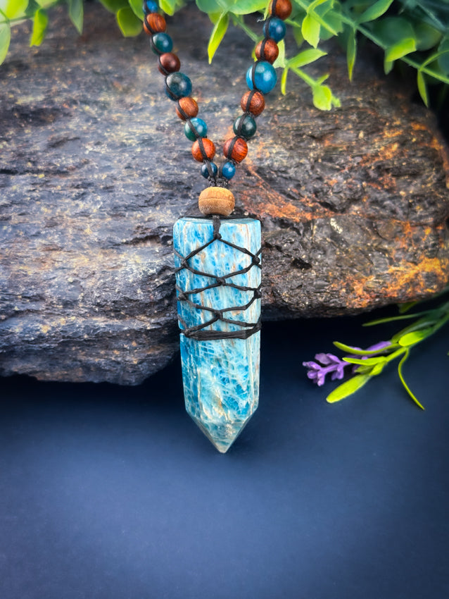 Apatite Crystal Point - Wooden Beads