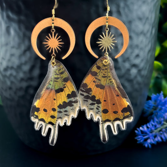 Sunset Butterfly/Moth Earrings with Moon & Sun Smooth - Gold