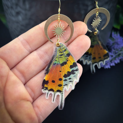 Sunset Butterfly/Moth Earrings with Moon & Sun Smooth - Gold