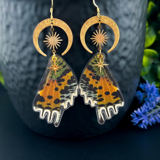 Sunset Butterfly/Moth Earrings Moon, Sun & Star - Gold