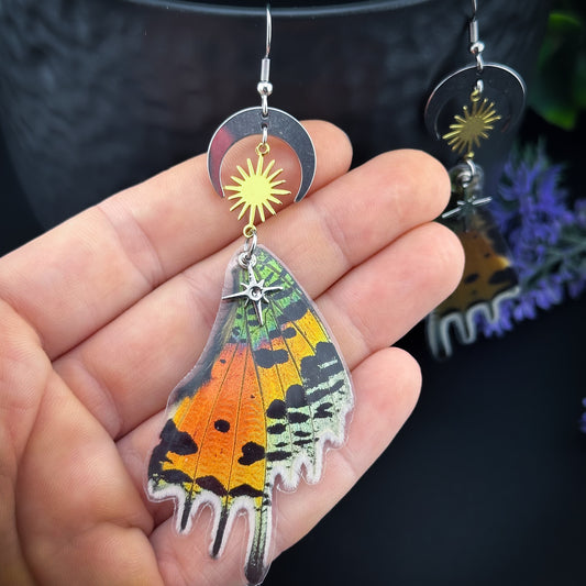 Sunset Butterfly/Moth Earrings with Moon, Sun & Star - Silver & Gold