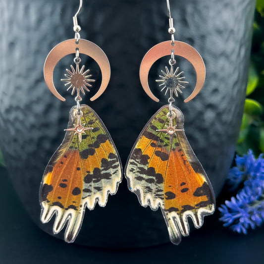 Sunset Butterfly/Moth Earrings with Moon & Sun - Silver