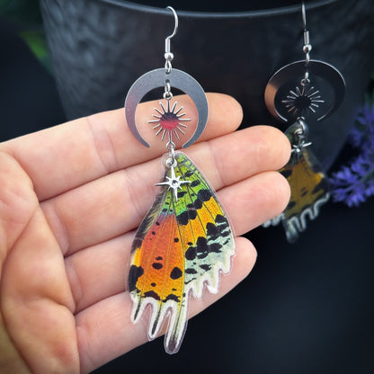 Sunset Butterfly/Moth Earrings with Moon & Sun - Silver