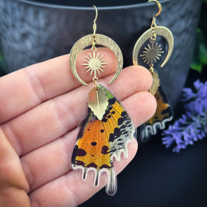 Sunset Butterfly/Moth Earrings with Moon, Sun & Leave - Gold