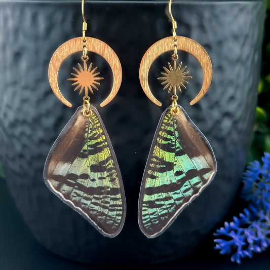 Sunset Butterfly/Moth Earrings with Moon & Sun - Gold