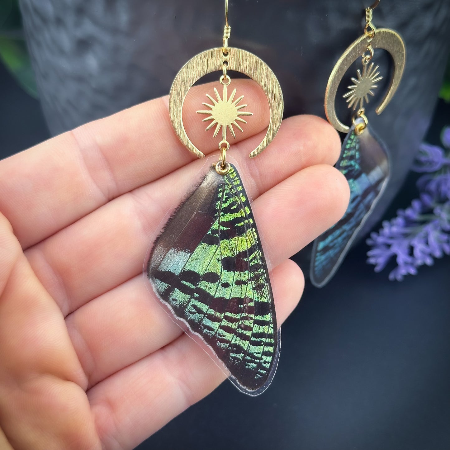 Sunset Butterfly/Moth Earrings with Moon & Sun - Gold