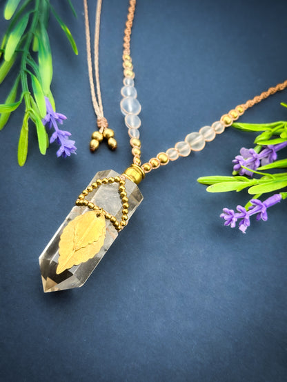 Clear Quartz Point Crystal - Brass Leaves