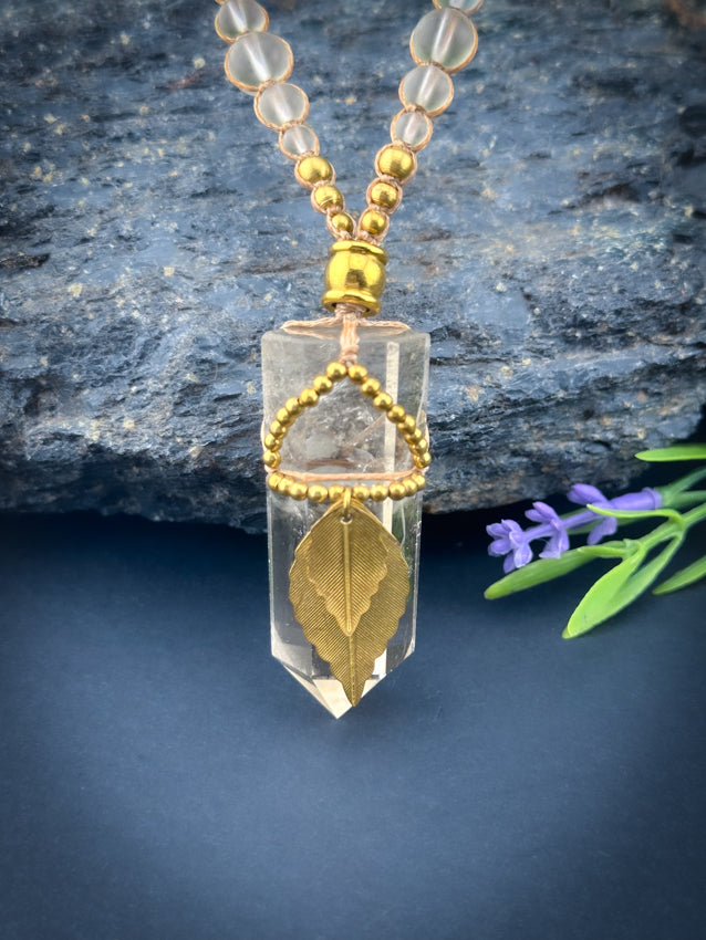 Clear Quartz Point Crystal - Brass Leaves