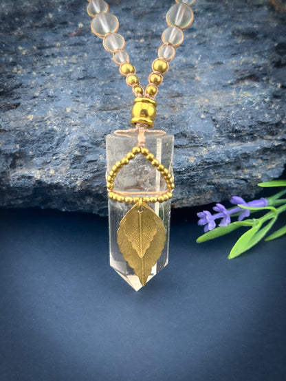 Clear Quartz Point Crystal - Brass Leaves