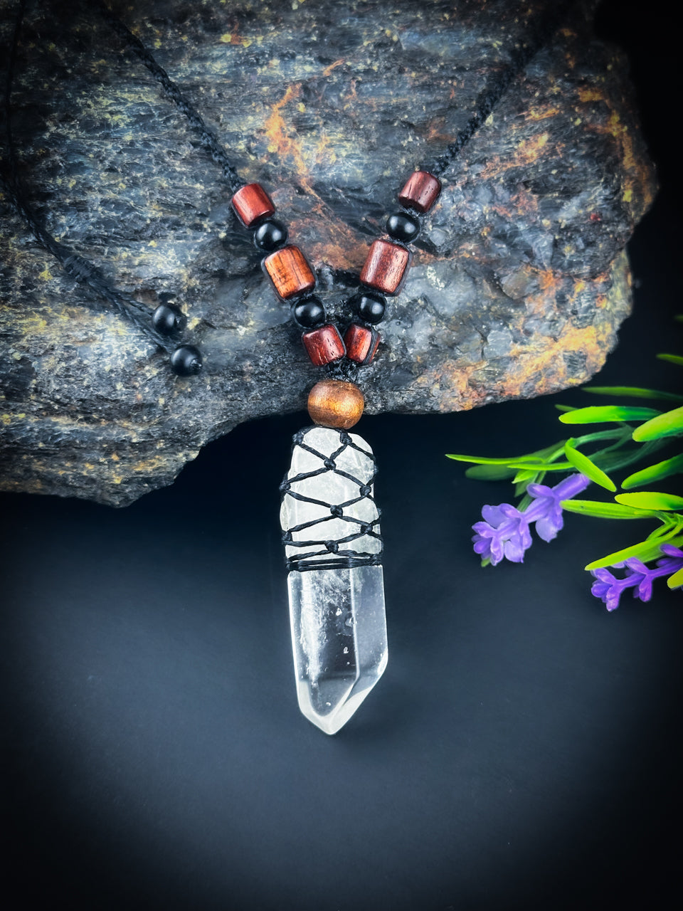 Clear Quartz point with natural rose wood beaded Necklace