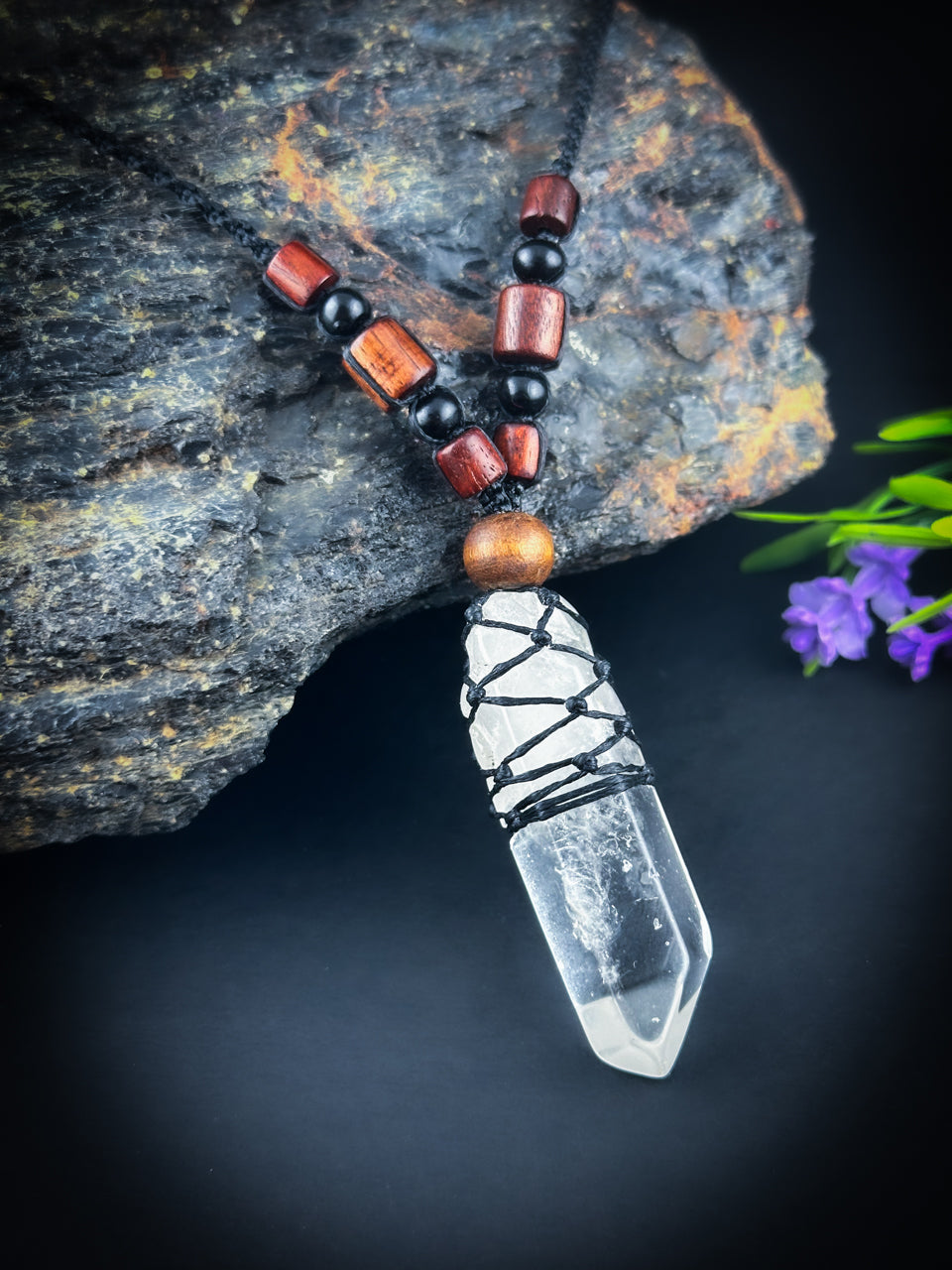 Clear Quartz point with natural rose wood beaded Necklace