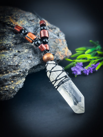 Clear Quartz point with natural rose wood beaded Necklace